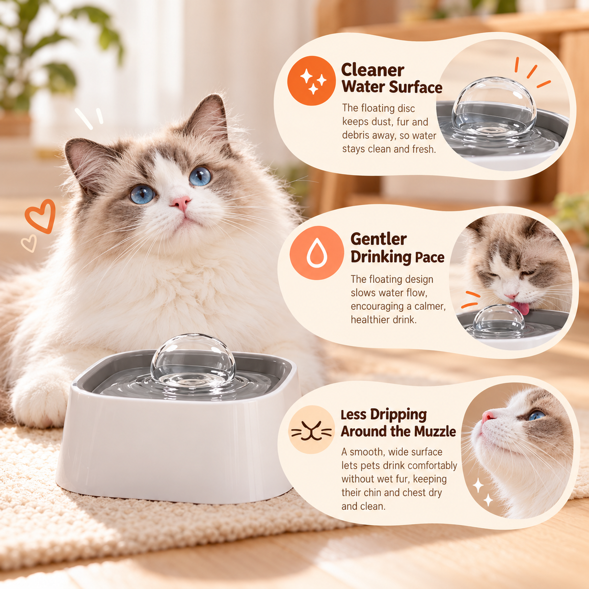 A ragdoll cat at the bowl with detail insets of the floating surface