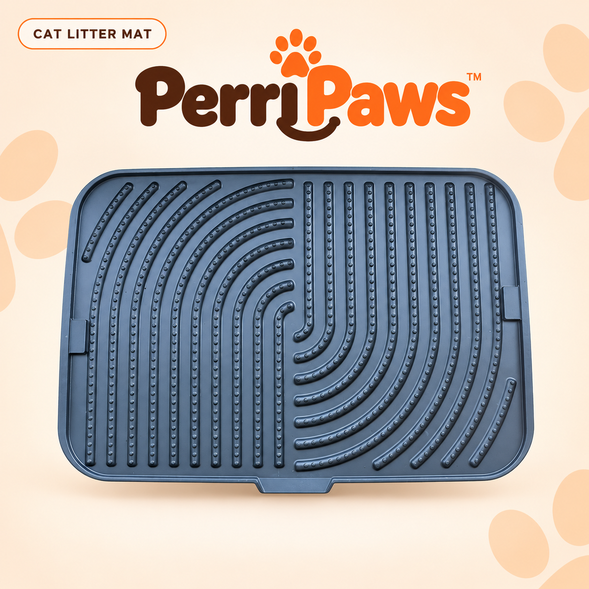 Slate blue silicone cat litter mat seen from above, showing its channelled textured surface