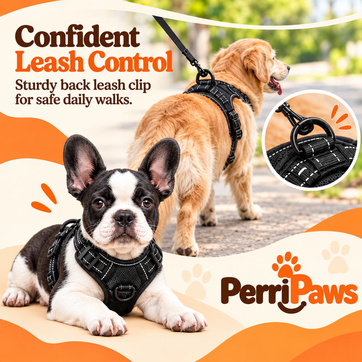 A Boston terrier and a golden retriever on a walk wearing the harness