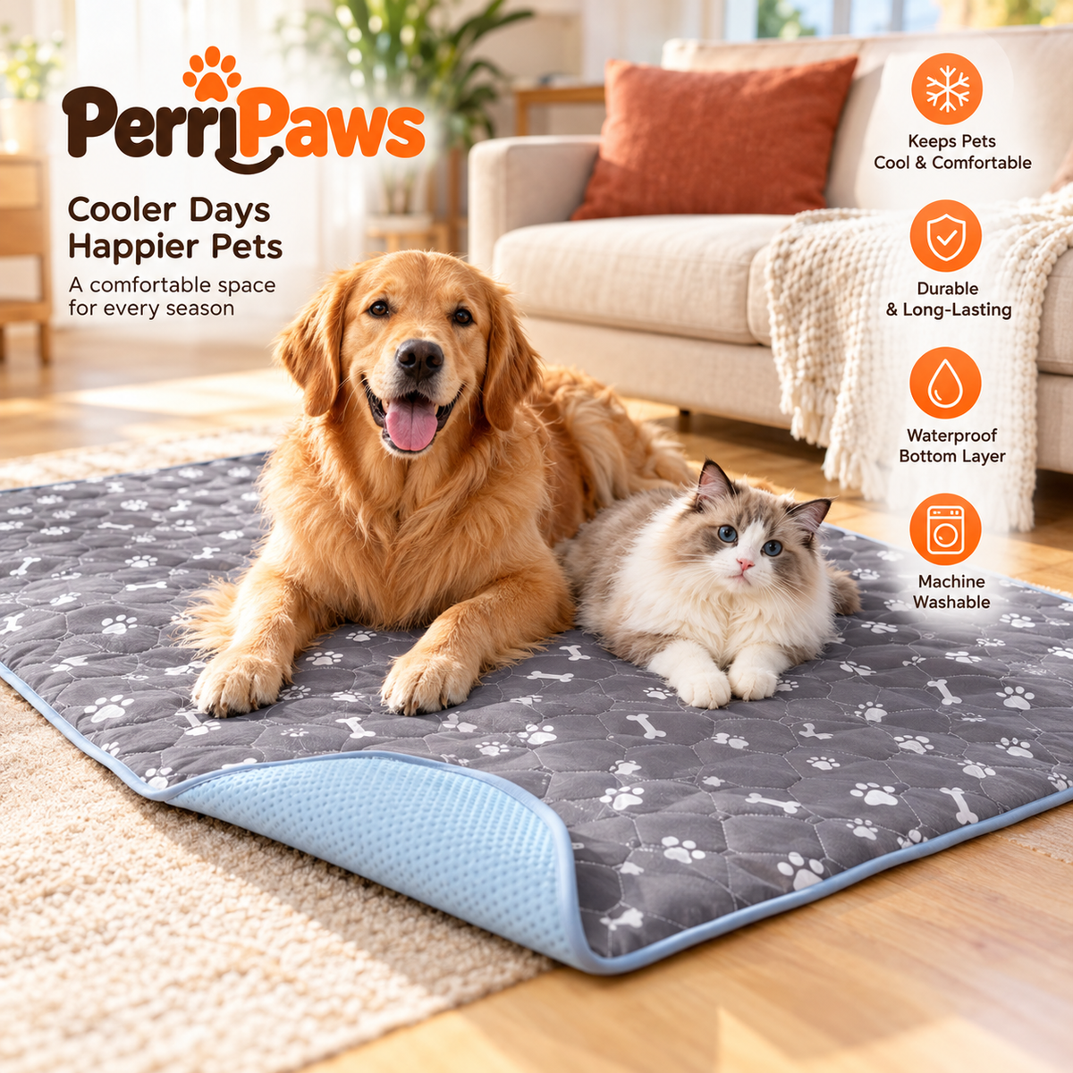 A golden retriever and a cat on the mat with its blue reverse side shown