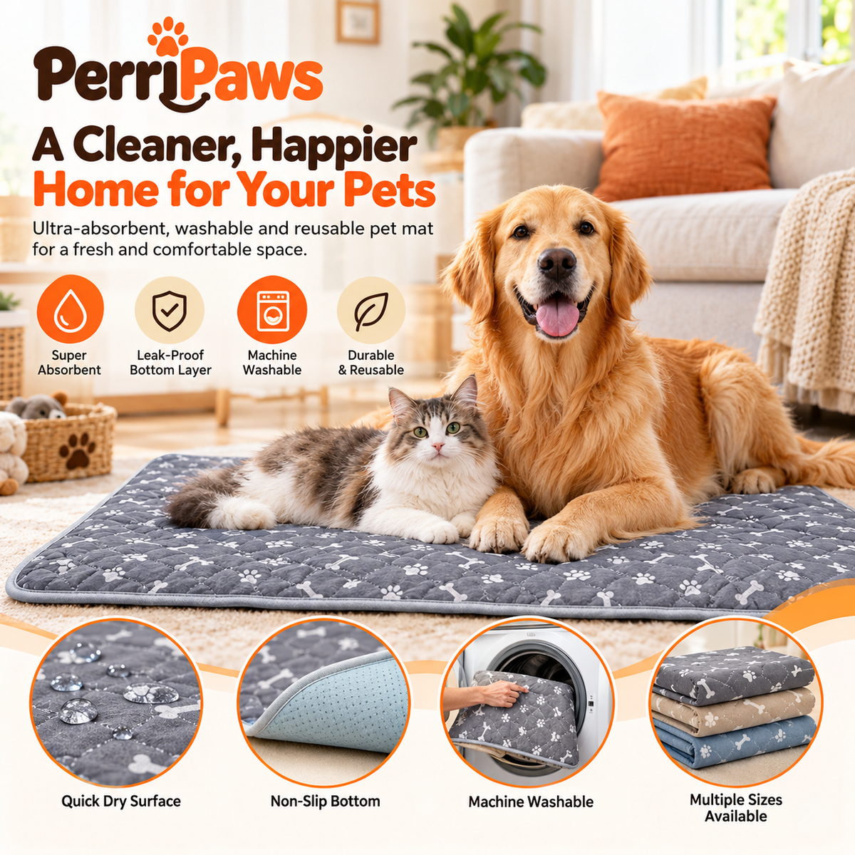 A long-haired cat and a golden retriever on the grey mat with feature icons