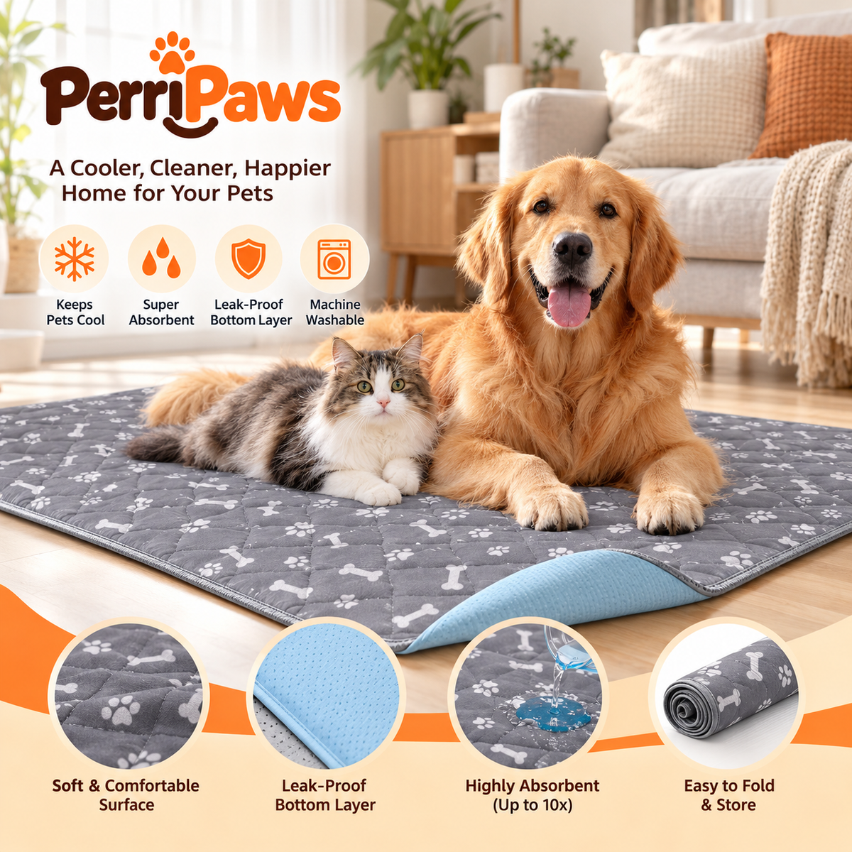 A golden retriever and a cat on the grey mat with the blue underside shown