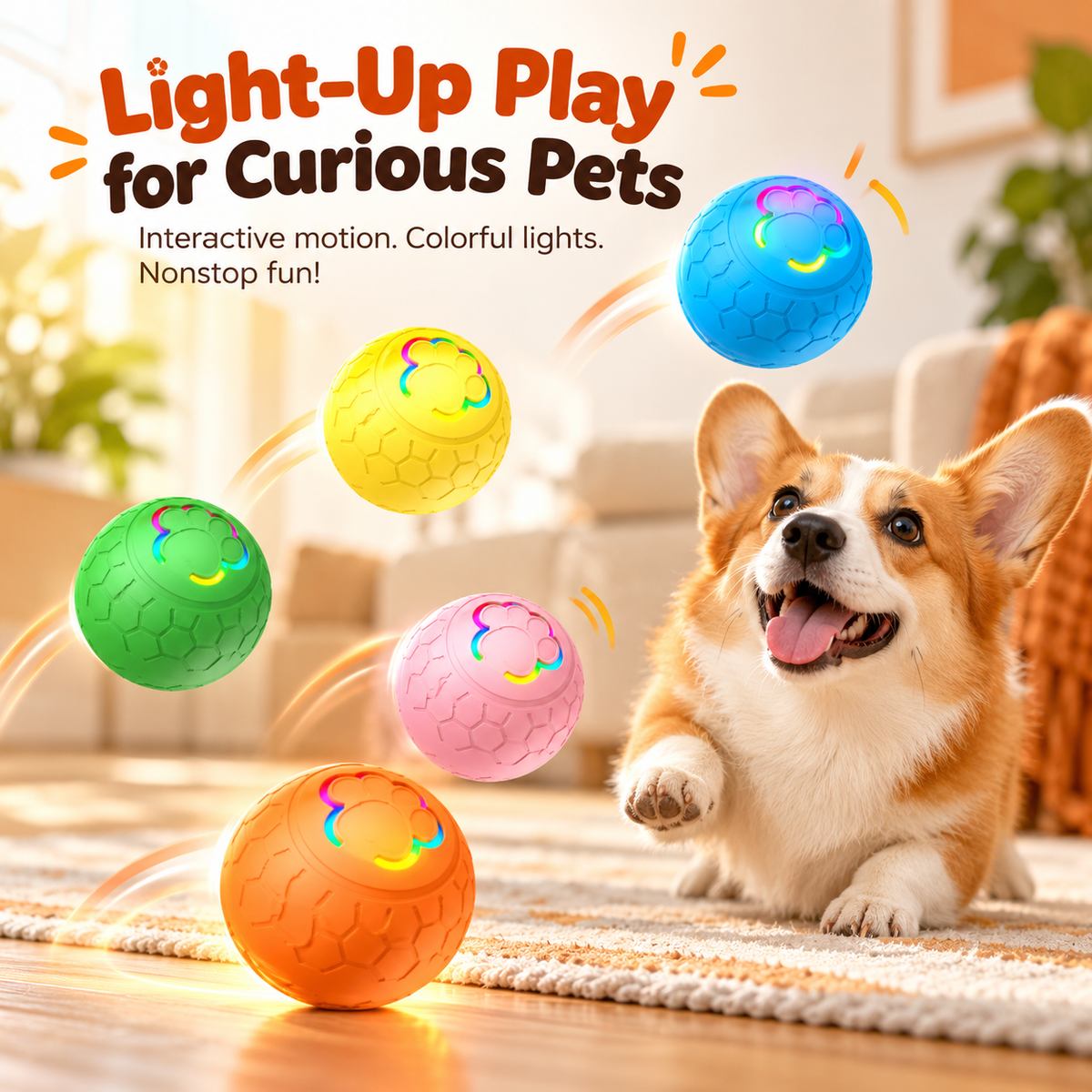 Blue, green, orange, yellow and pink light-up balls on a rug with a corgi