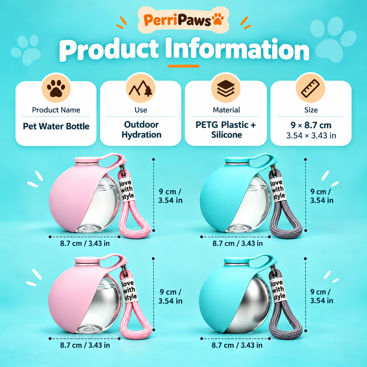 Product information panel for the pink and teal bottles: 9 by 8.7 centimetres in PETG and silicone