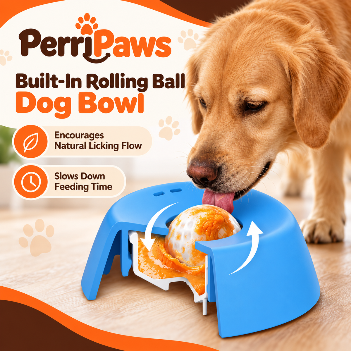 A golden retriever licking the rolling ball in the blue bowl