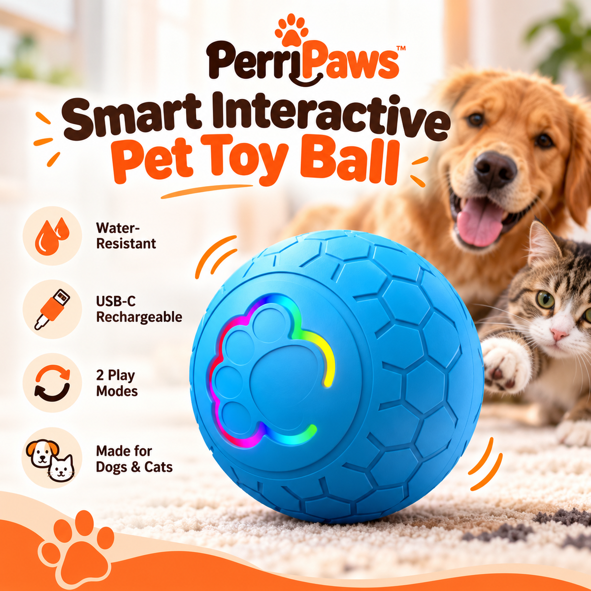 Blue light-up pet ball with a golden retriever and a cat behind it