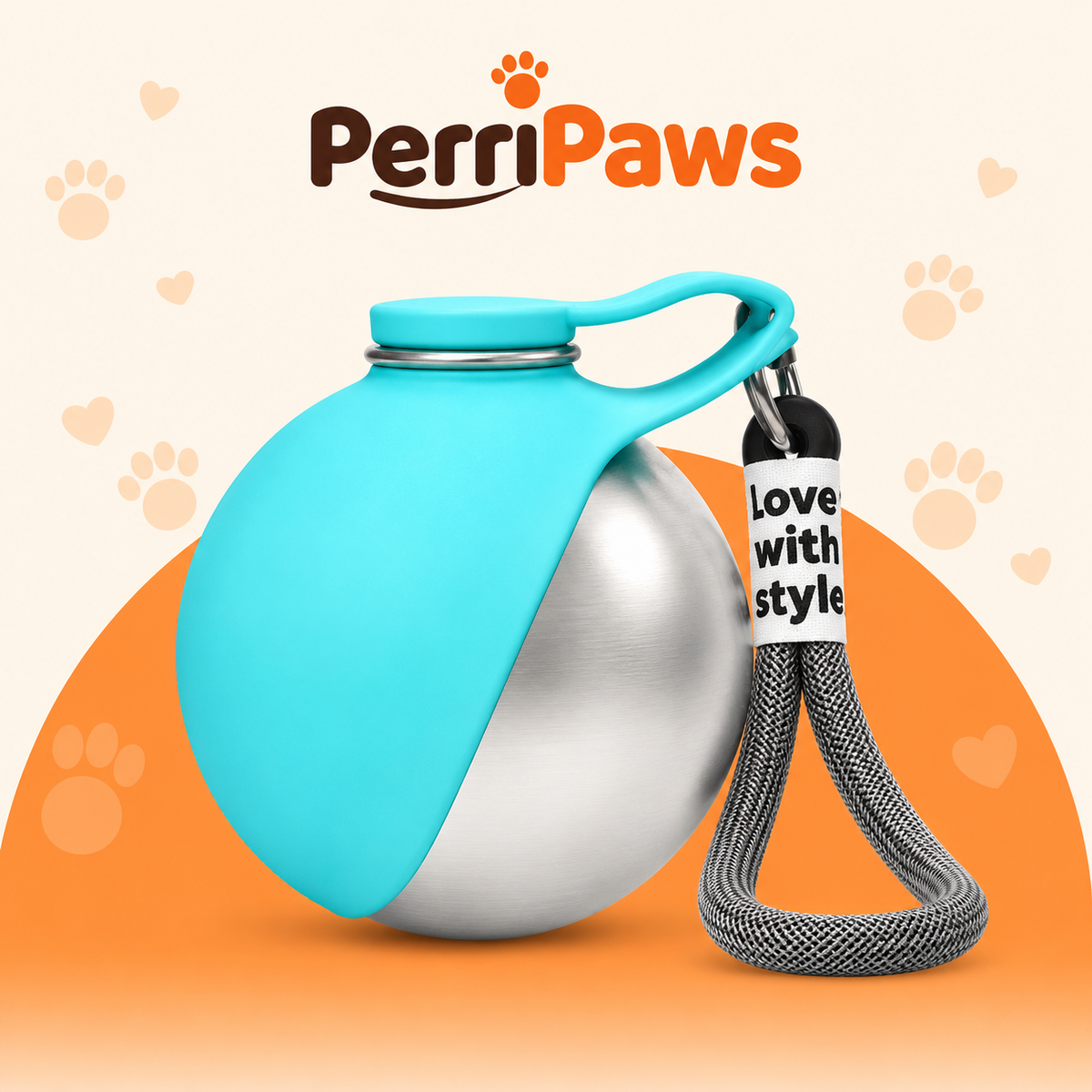 The teal pet water bottle with its stainless steel sphere and woven carry strap
