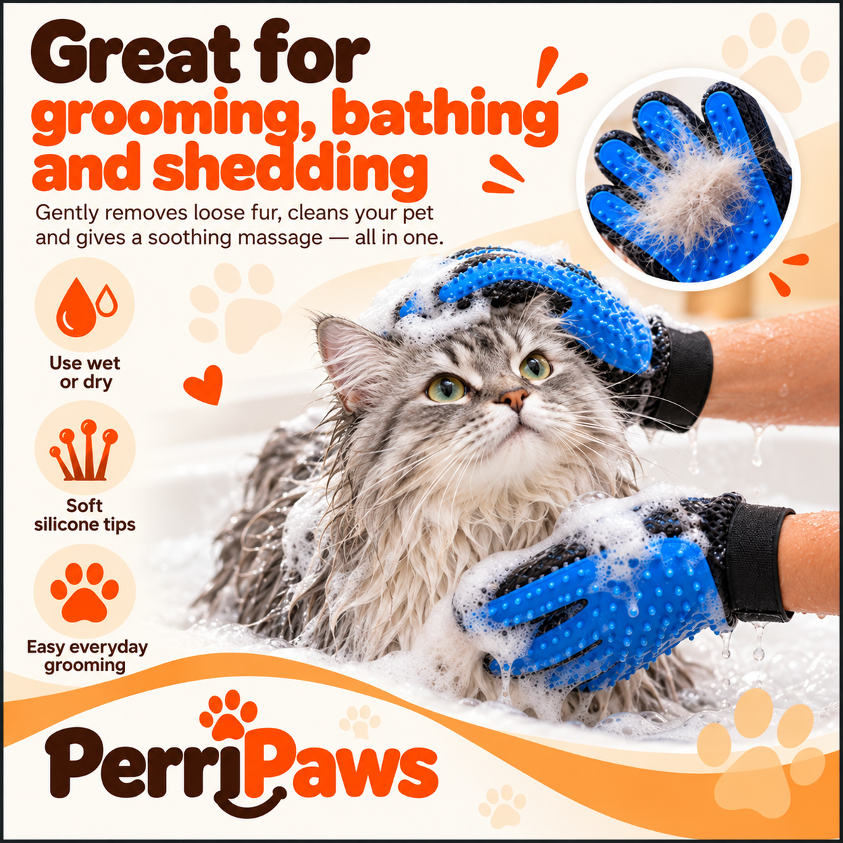 The grooming glove being used on a wet cat during a bath