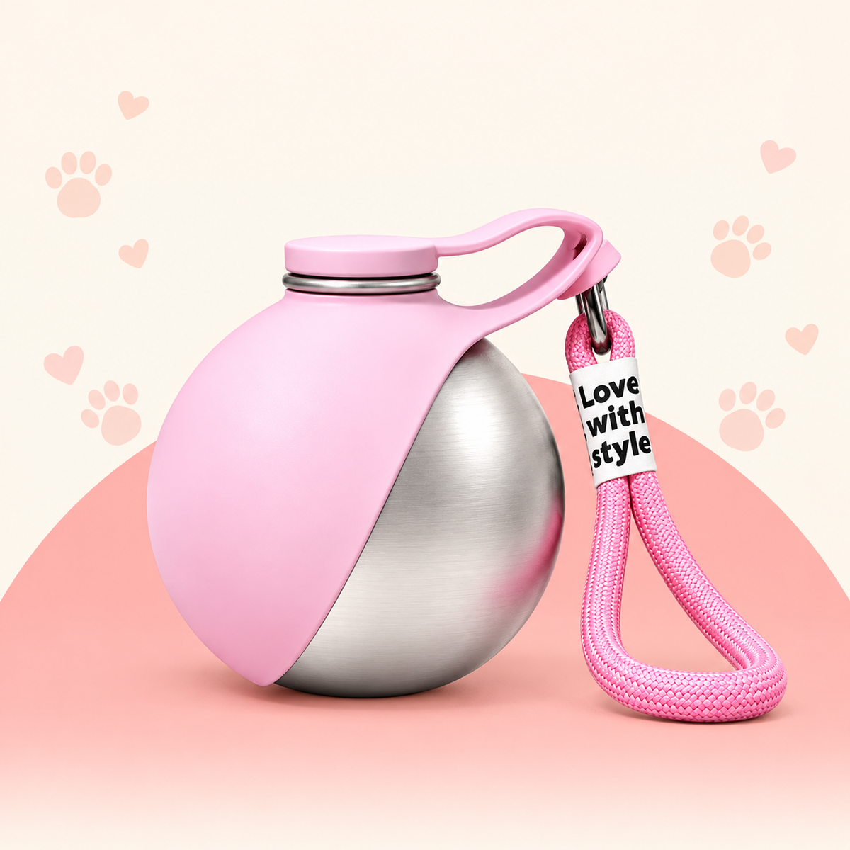 The pink pet water bottle with a matching pink carry strap