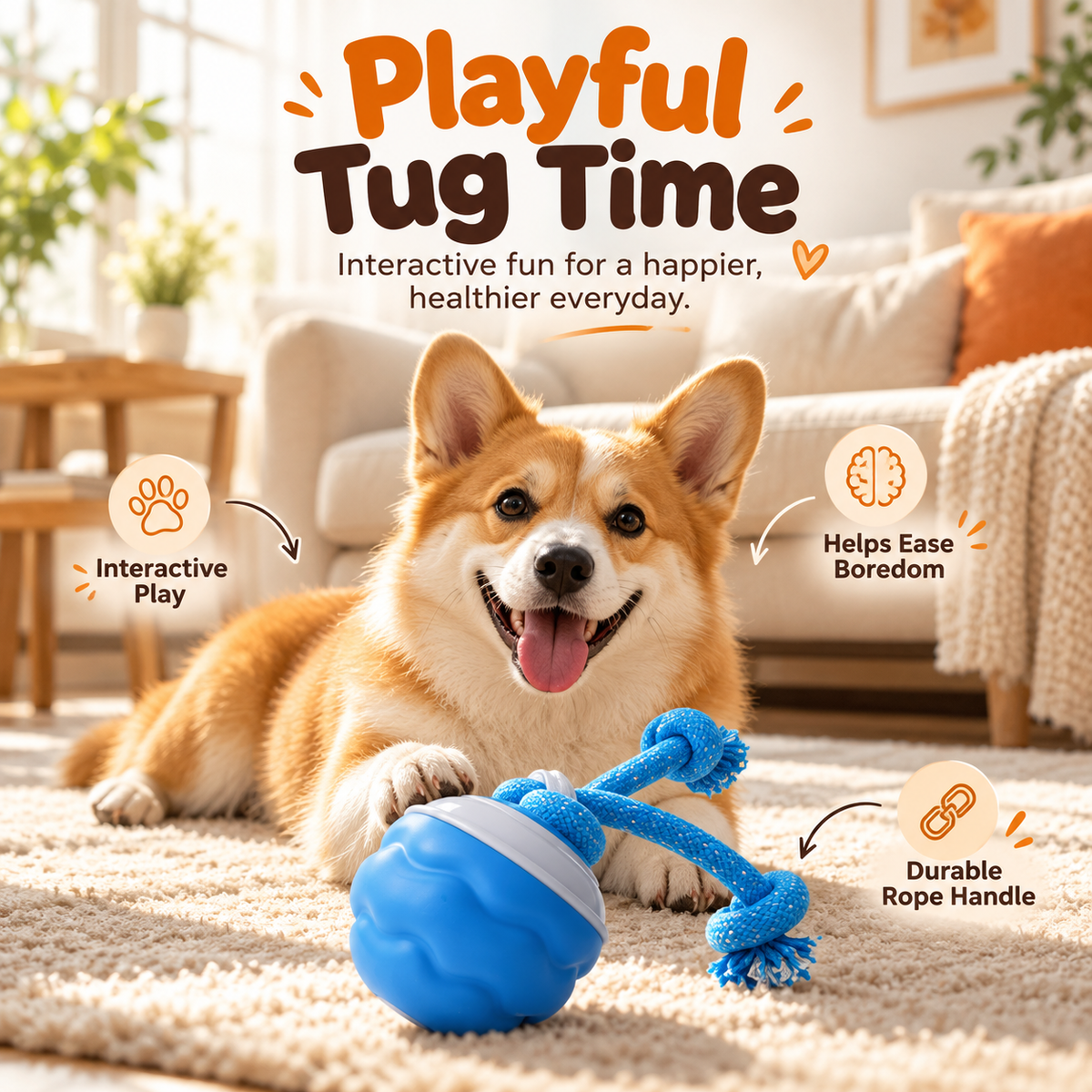 A corgi playing with the blue rolling ball and rope on a rug