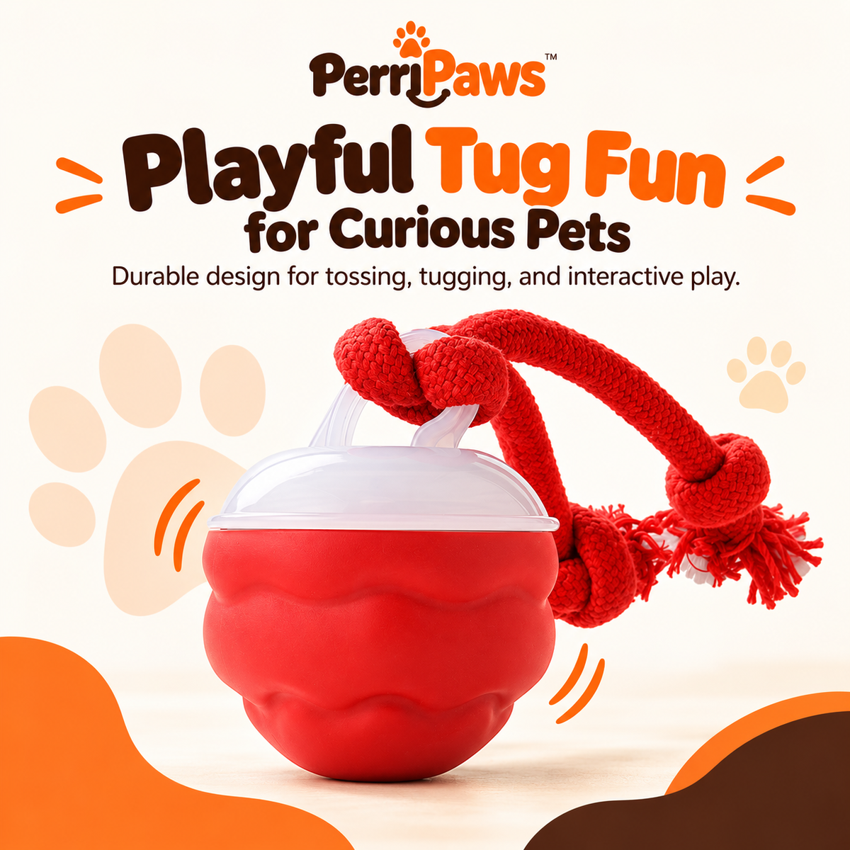 Red rolling ball toy with a knotted rope tail
