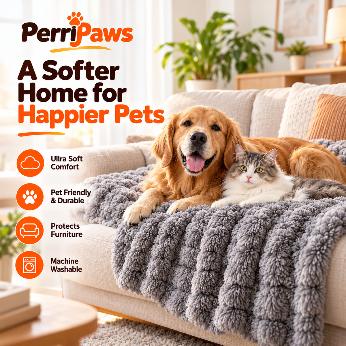 Grey ribbed sofa cover with a golden retriever and a cat lying on it