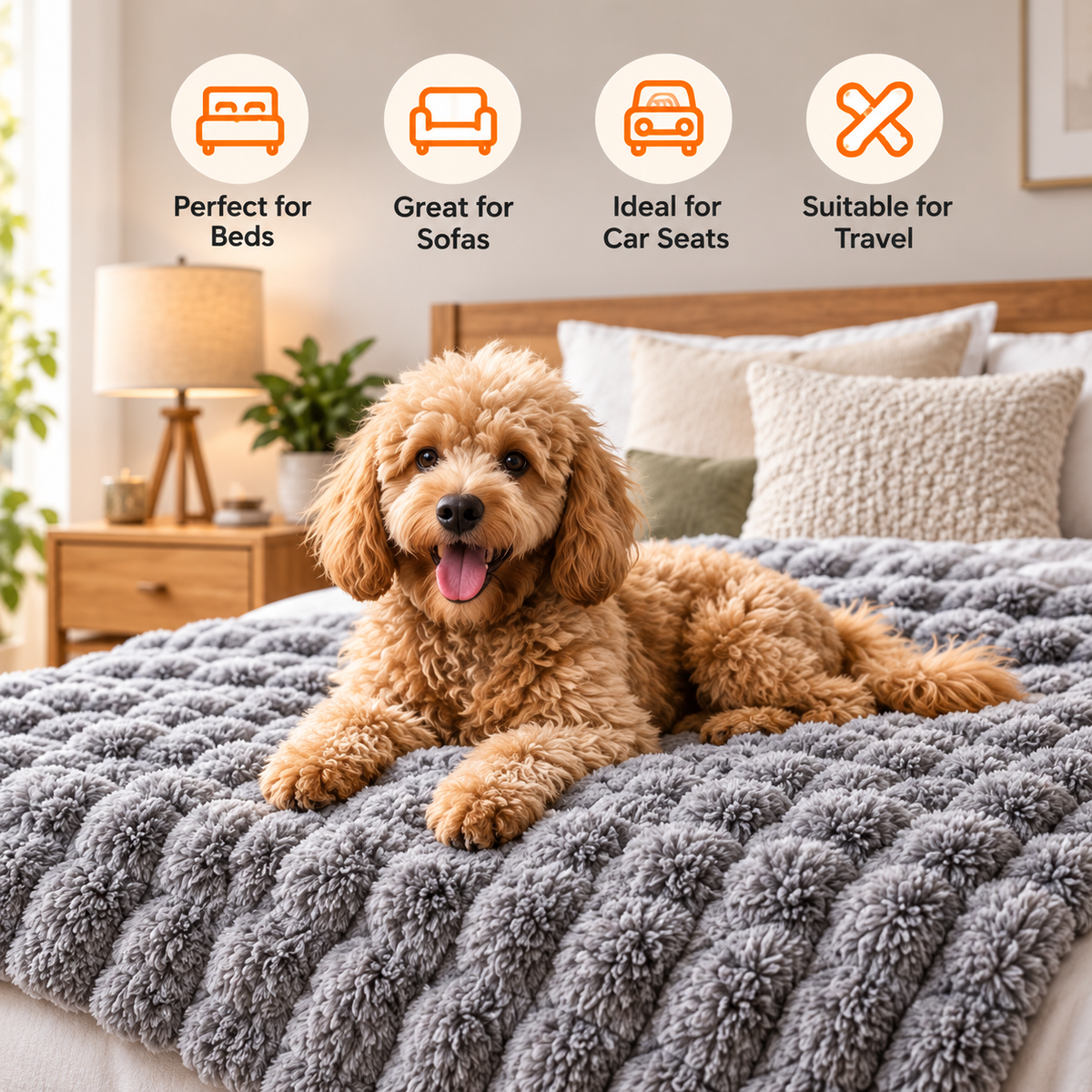 A cockapoo lying on the grey sofa cover on a bed