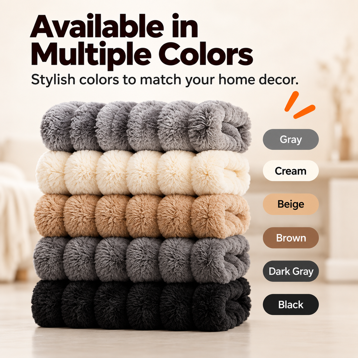 A stack of the covers in grey, cream, beige, brown, dark grey and black