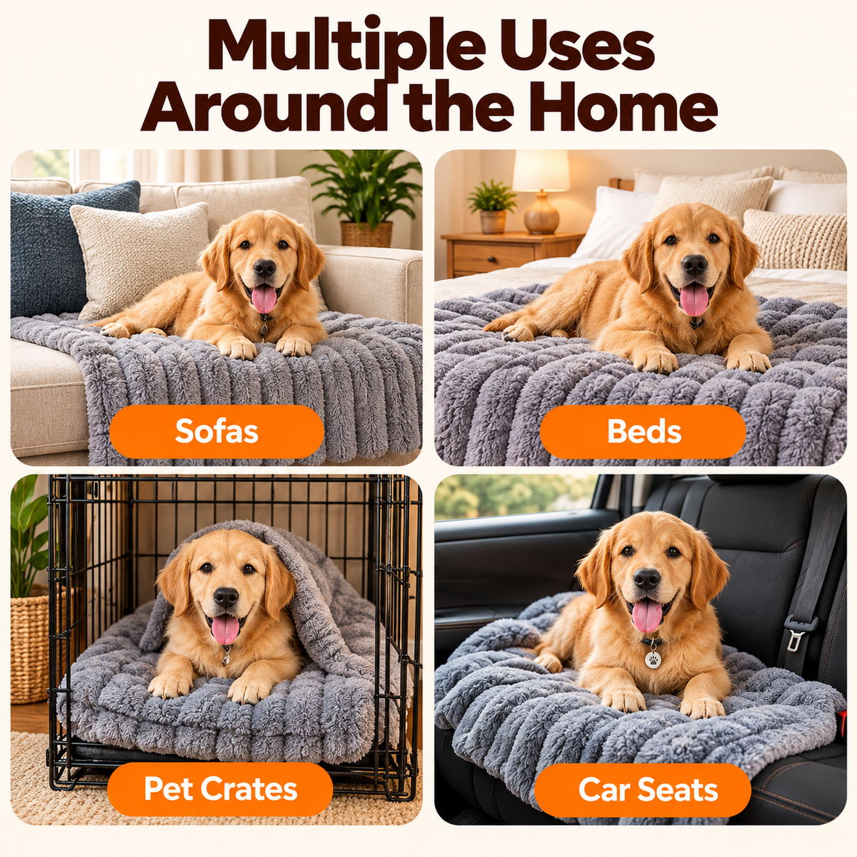 Four-panel grid showing the cover on a sofa, on a bed, in a crate and on a car seat