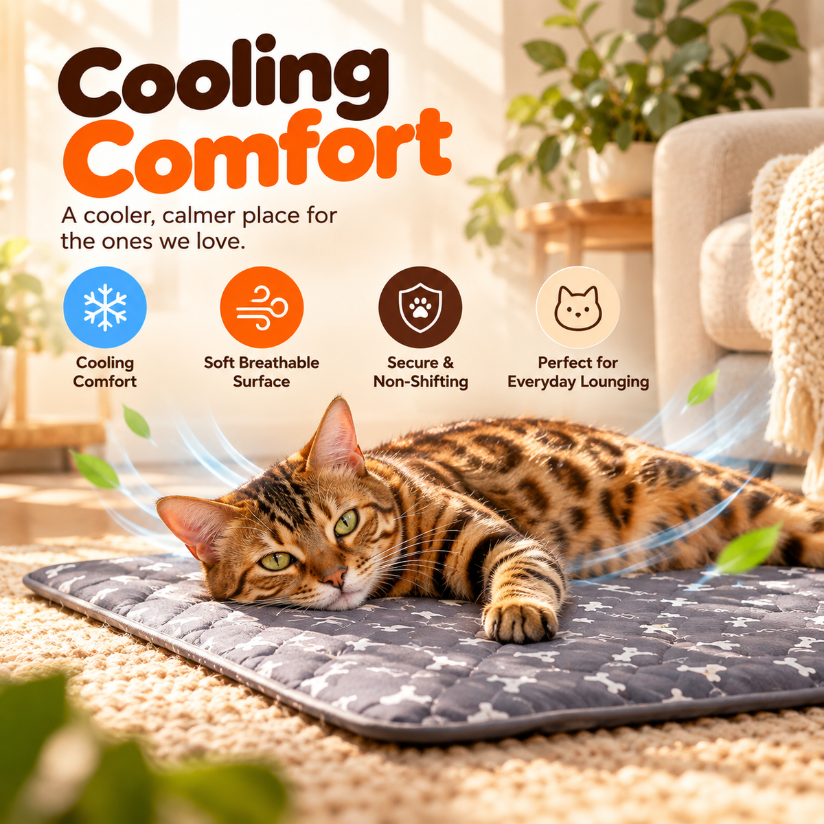 A tabby cat lying on the grey mat