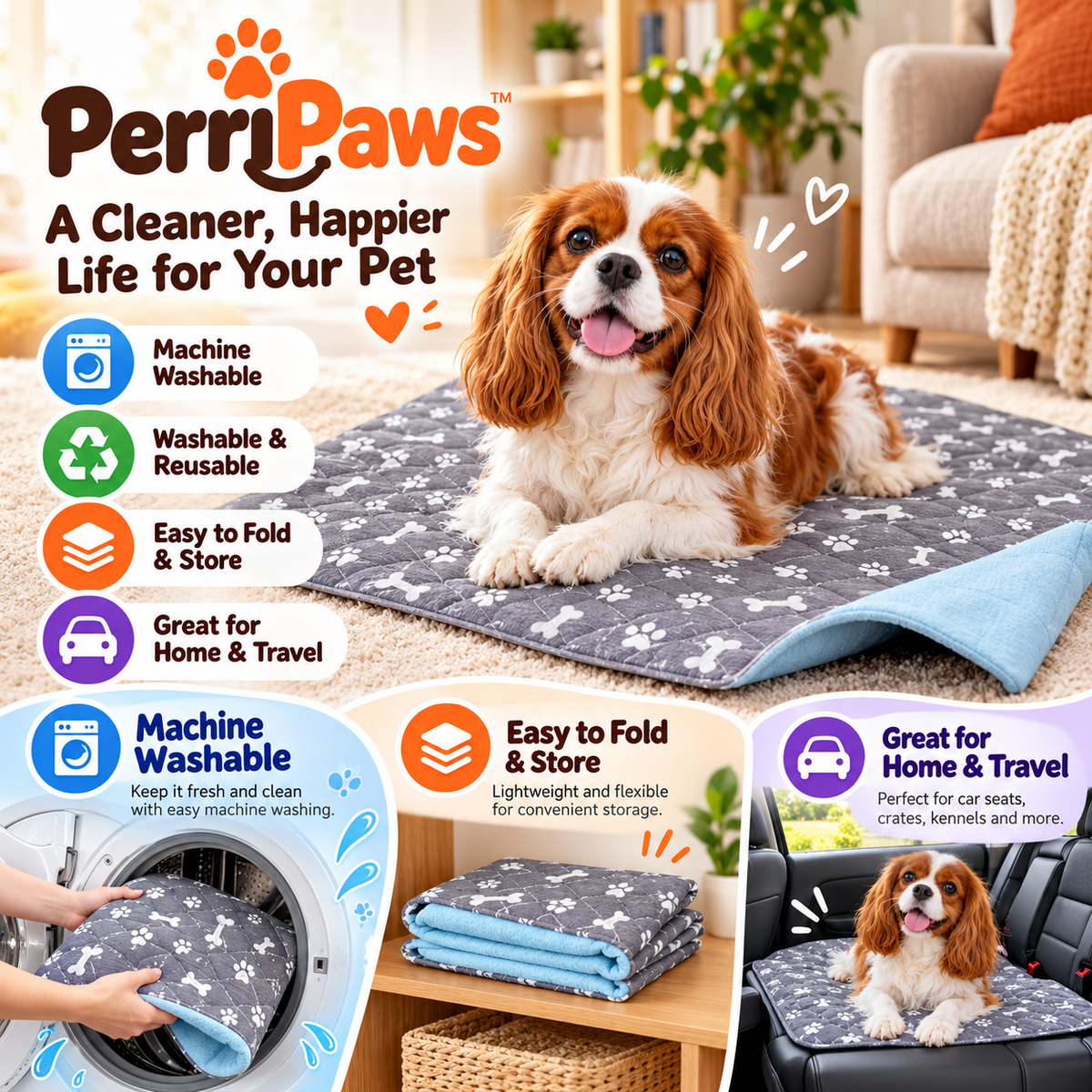 A cavalier king charles spaniel on the grey mat, with washing and folding insets