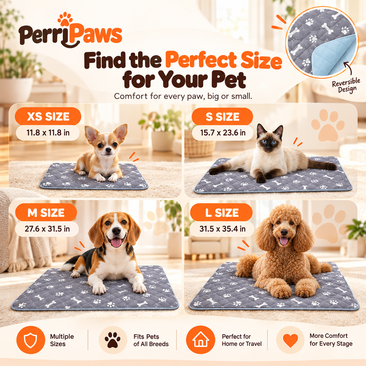 Size guide showing extra small to large with four dogs and a cat