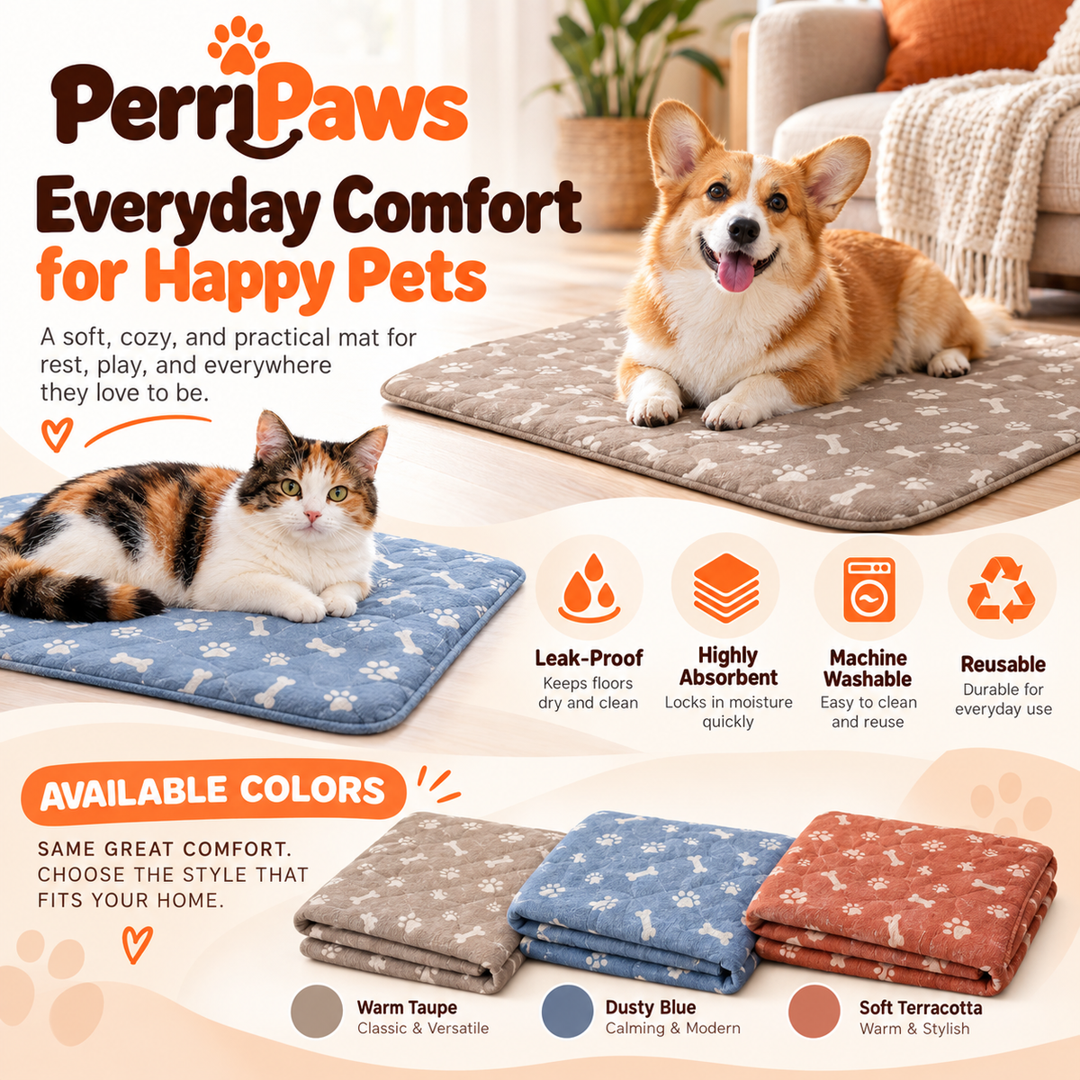 A calico cat beside the mat with three colour options