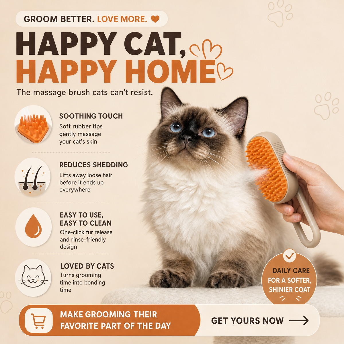 A hand using the mist grooming brush on a birman cat