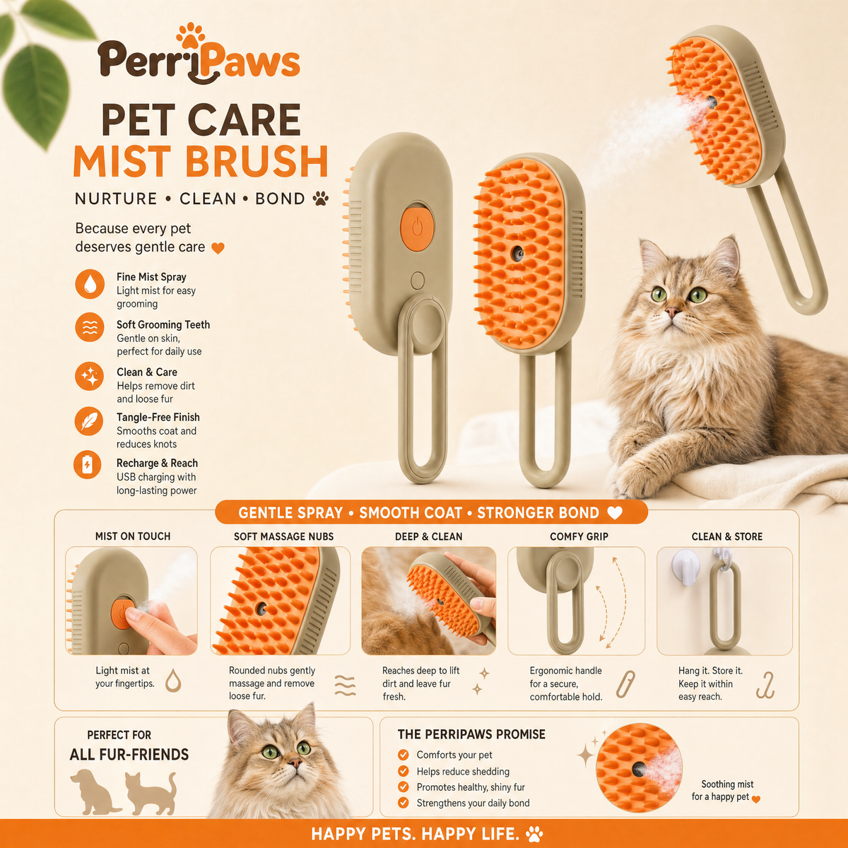 Three colourways of the mist brush with a long-haired cat and a five-panel usage guide