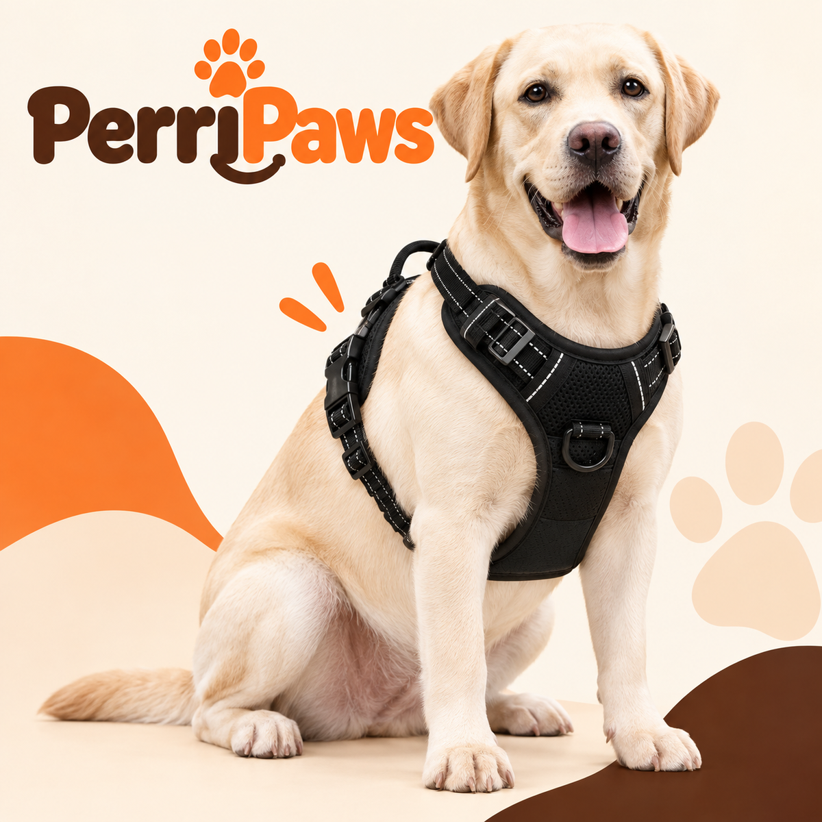 A labrador sitting in the black reflective harness