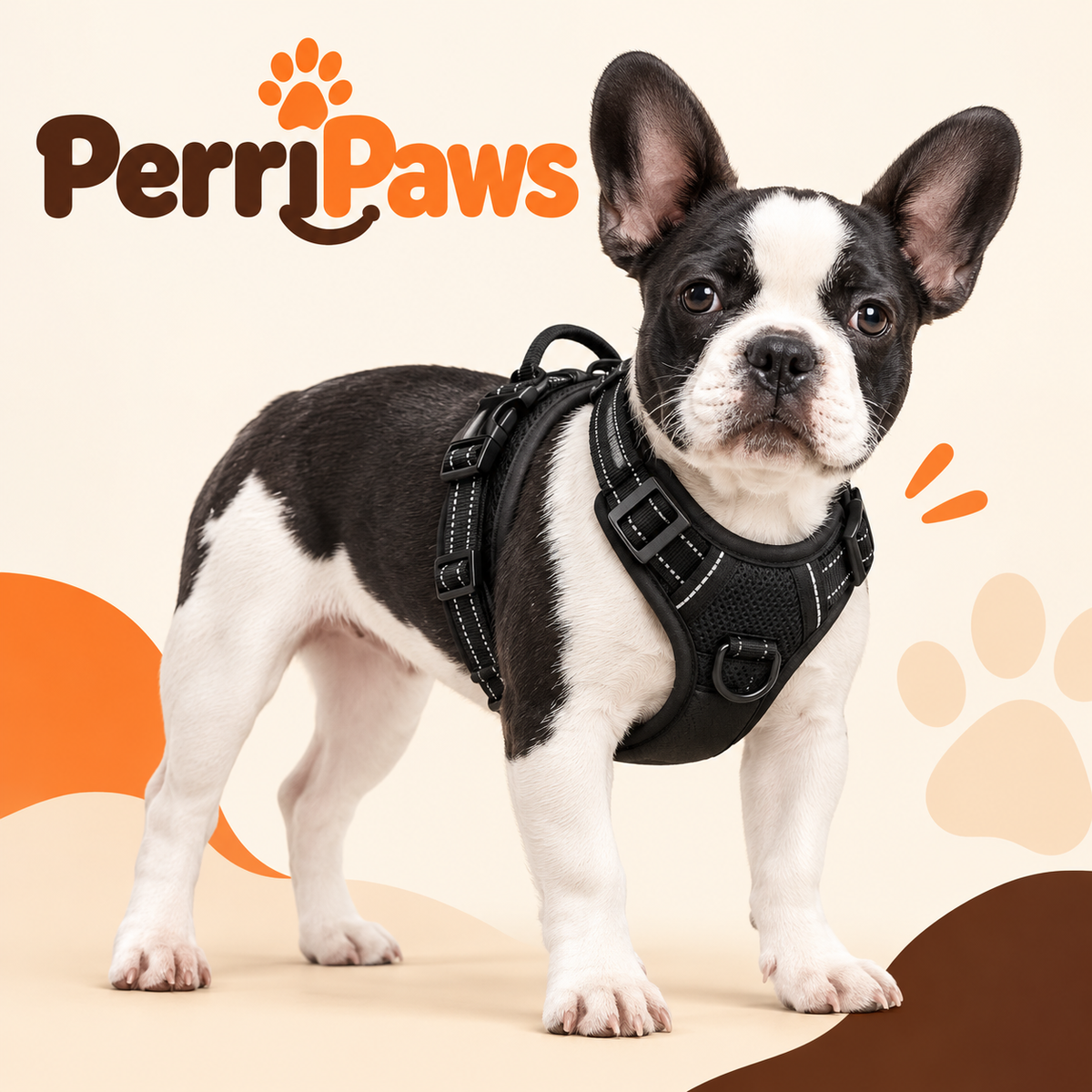 A Boston terrier wearing the black reflective harness