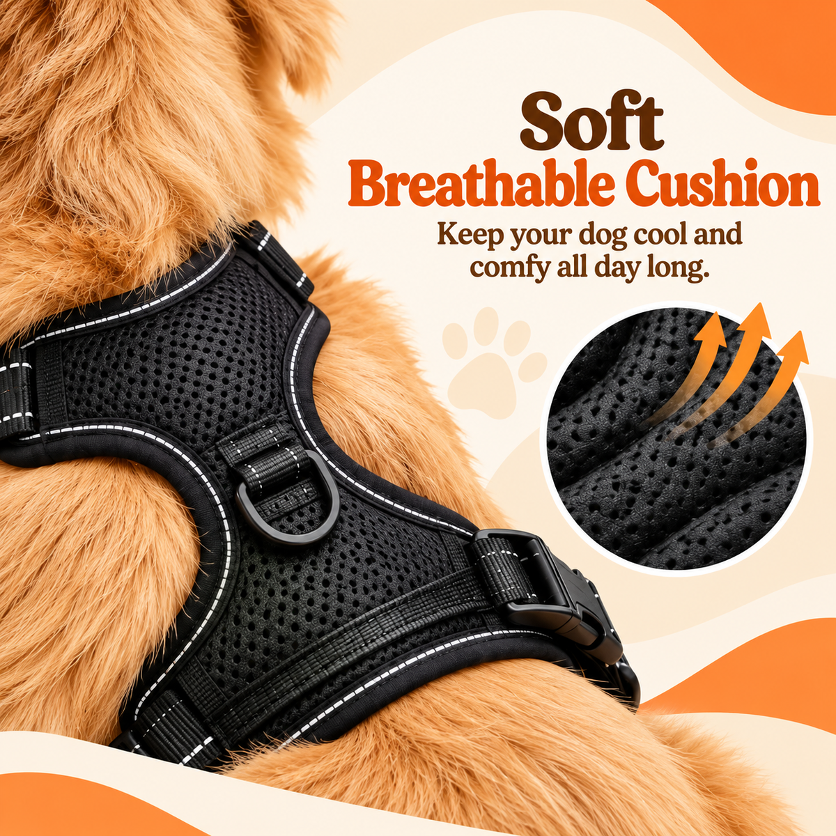 Close-up of the harness's padded mesh panel on a golden retriever