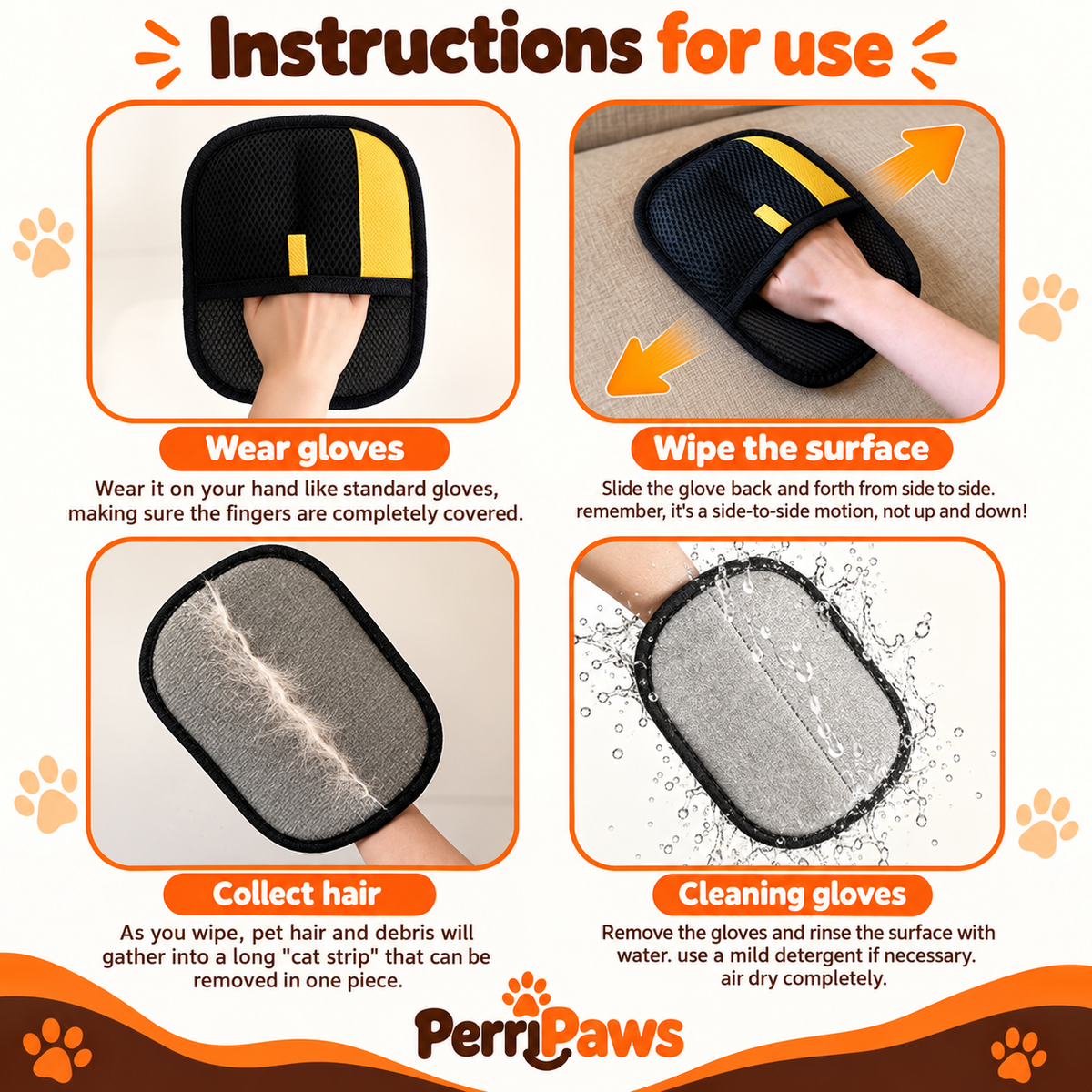 Four-panel instruction grid: wear the glove, wipe the surface, collect the hair, then rinse the glove