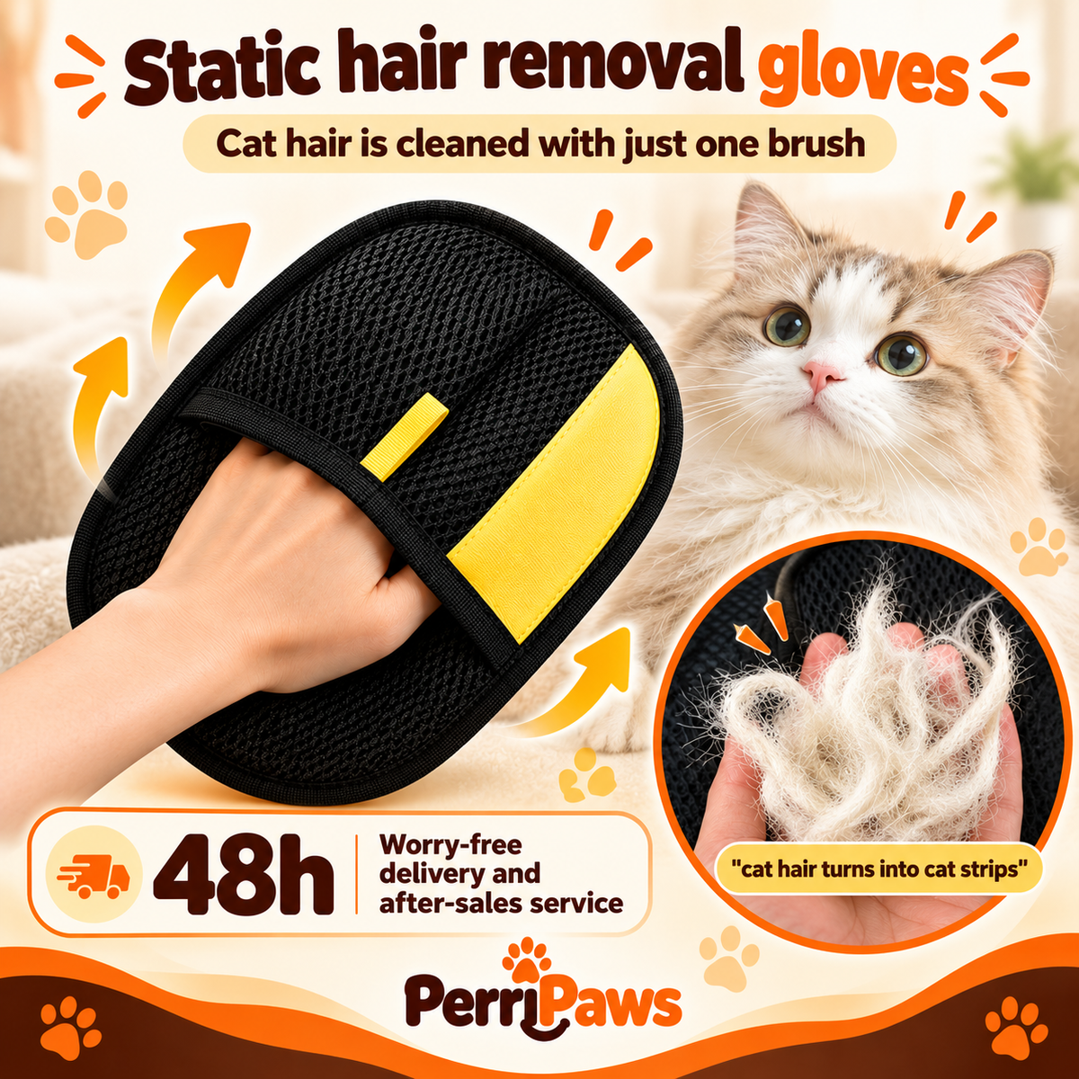 The hair remover glove in use beside a long-haired cat, with an inset of the gathered fur