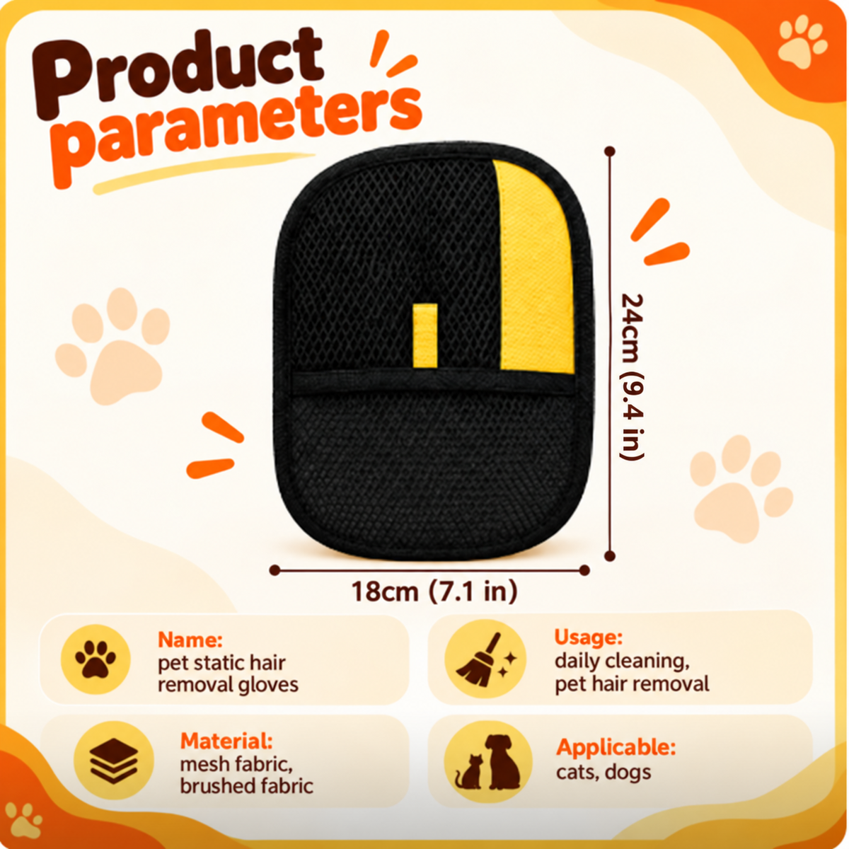 Product parameter panel: 24 by 18 centimetres in mesh and brushed fabric, for cats and dogs