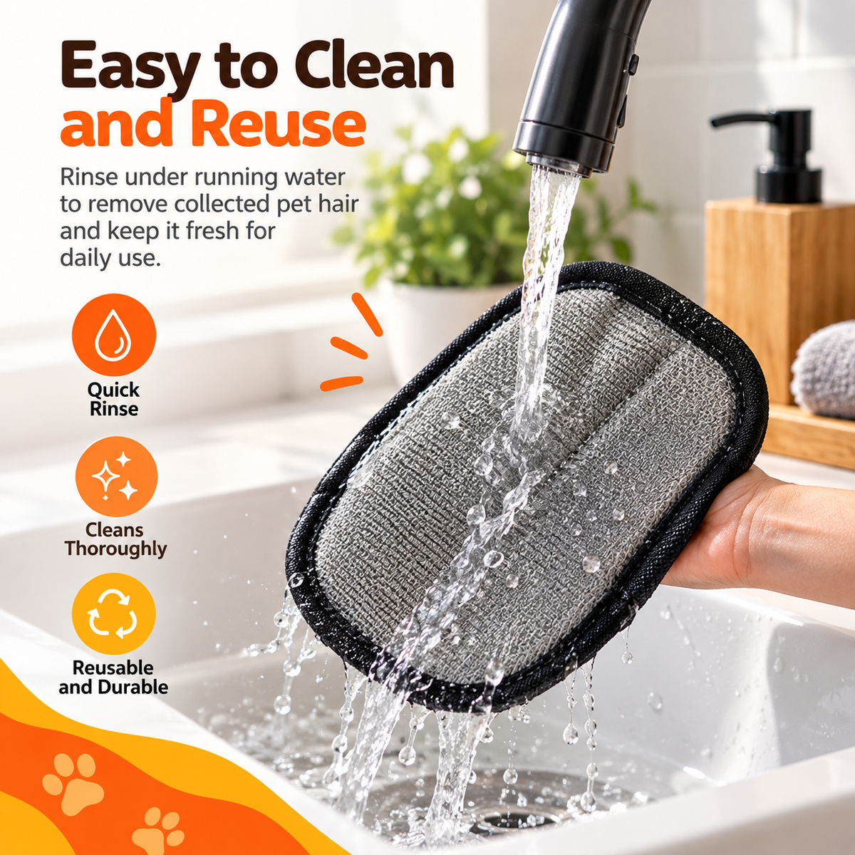 The hair remover glove being rinsed under a running tap