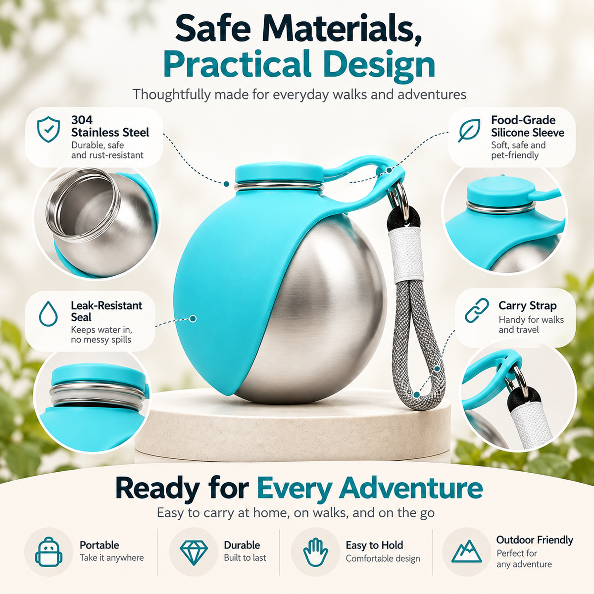 Labelled diagram showing the stainless steel cup, food-grade silicone sleeve, leak-resistant seal and carry strap