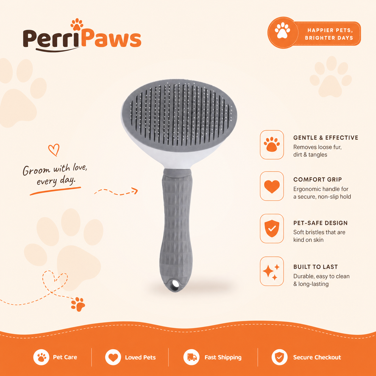 Grey self-cleaning slicker brush on a cream background