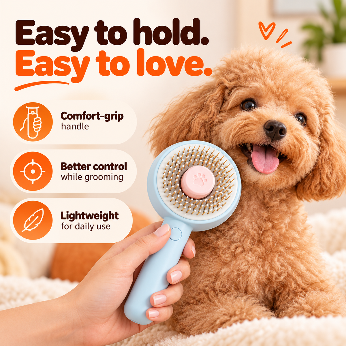 A toy poodle being brushed with the blue swirl slicker brush
