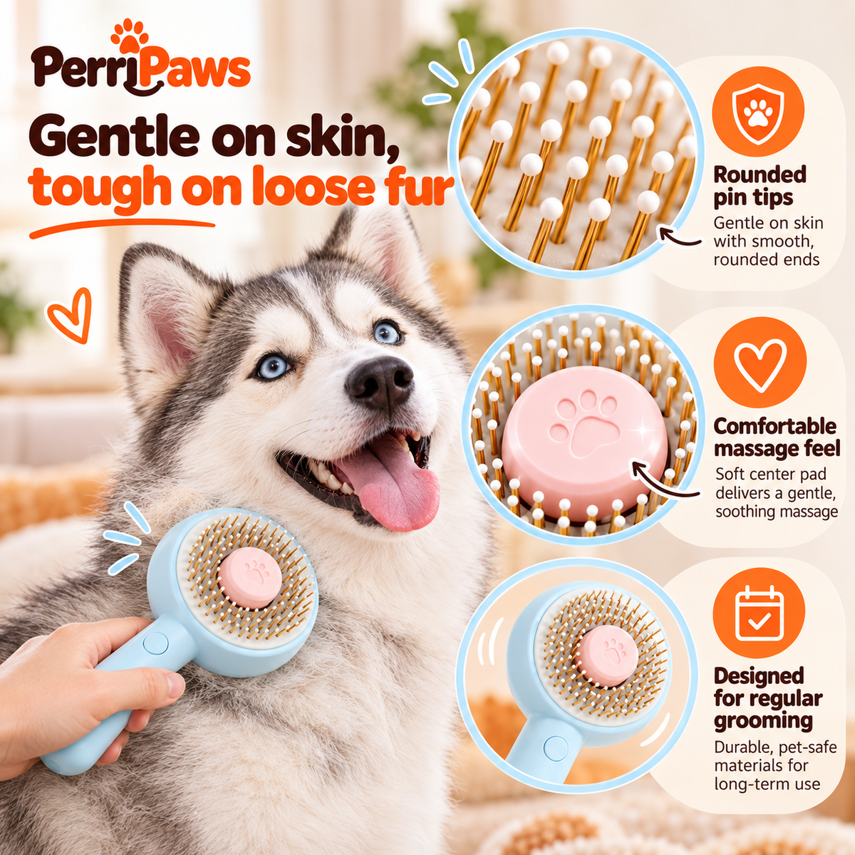 A husky with the blue brush, showing the rounded pin tips and the centre pad