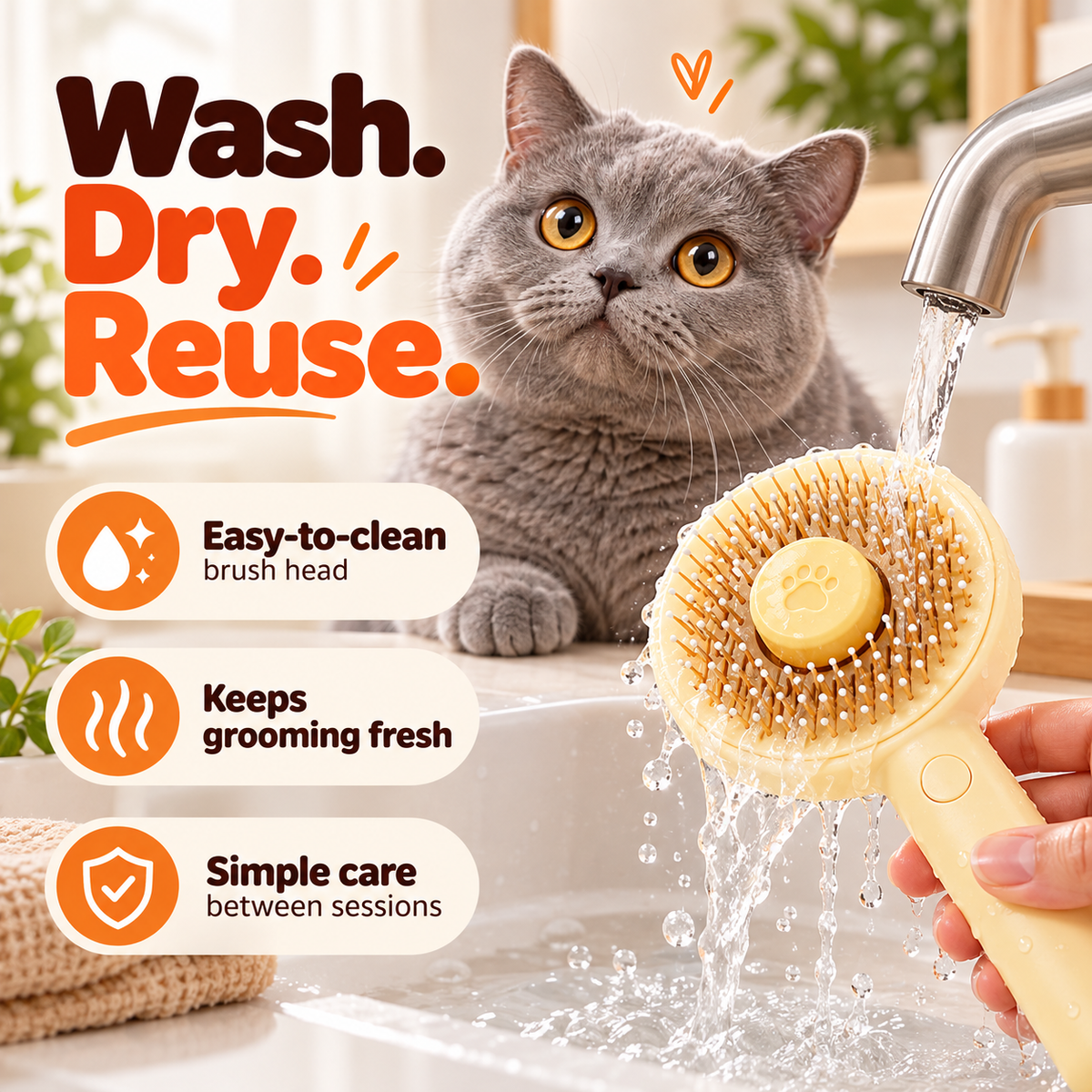 A British shorthair cat beside the cream brush being rinsed under a tap