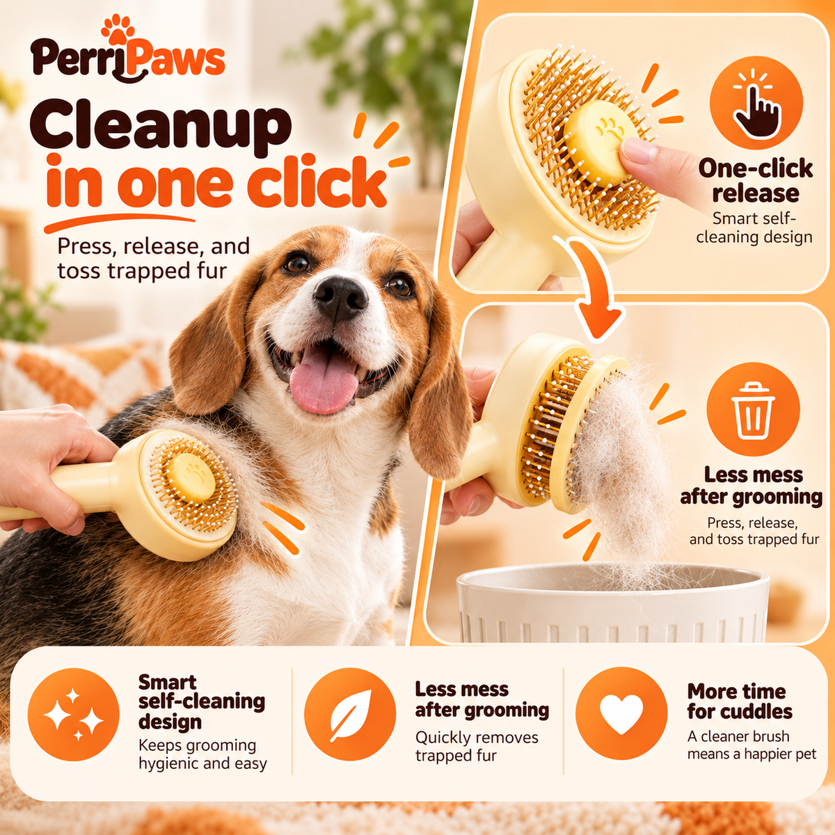 The cream brush with a beagle, showing the one-click fur release
