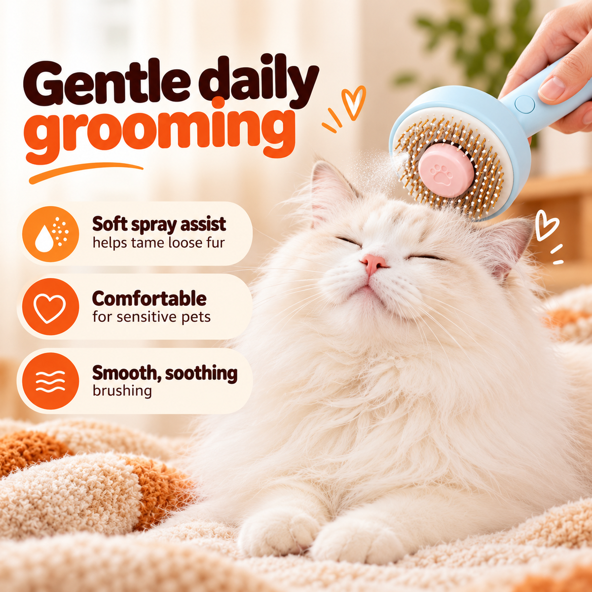 A long-haired white cat being brushed with the blue swirl brush