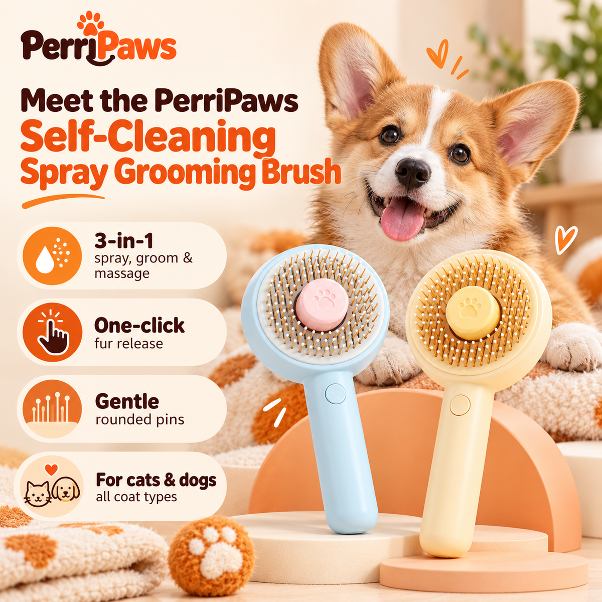 Blue and cream swirl brushes on a plinth with a corgi