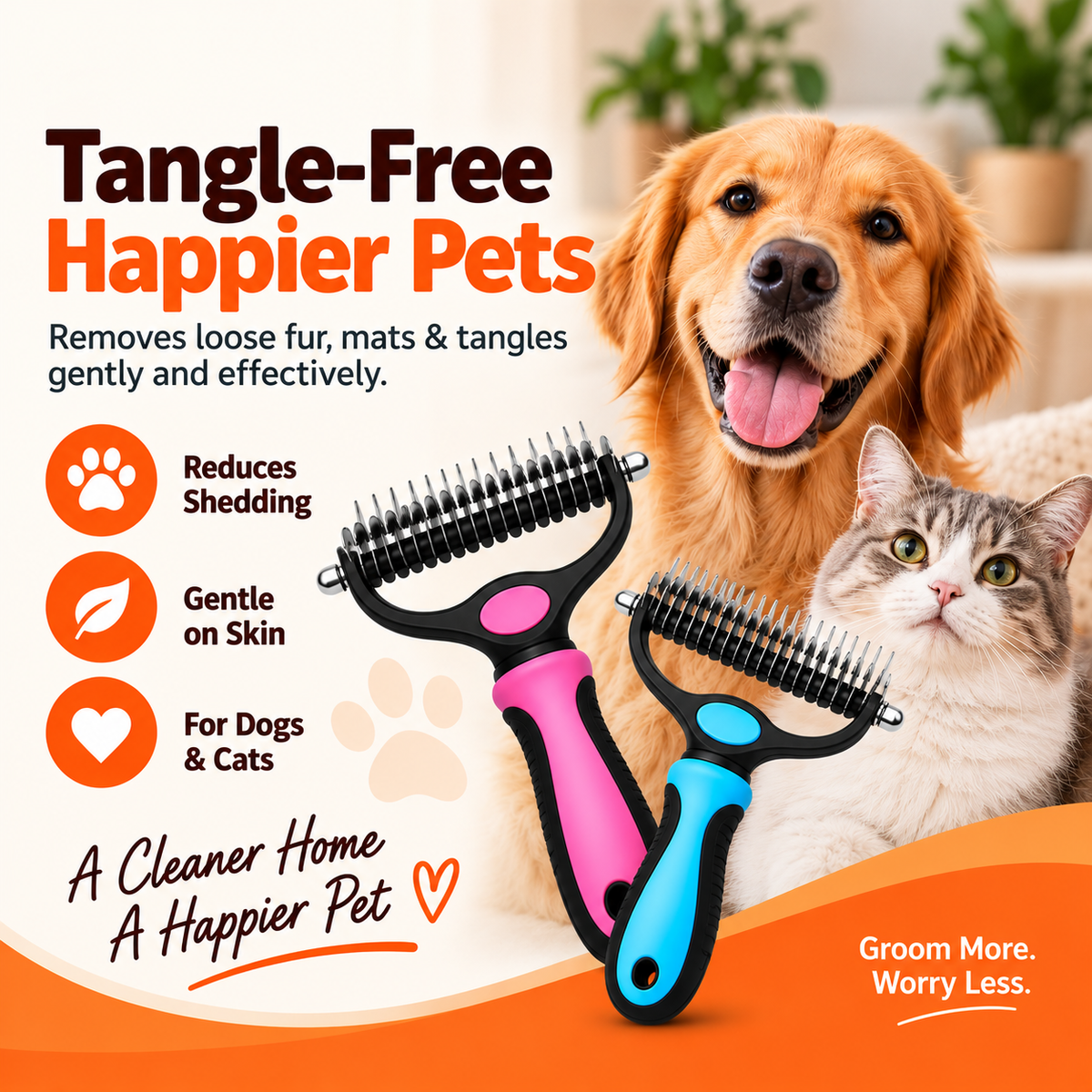 Pink and blue dematting combs shown with a golden retriever and a cat
