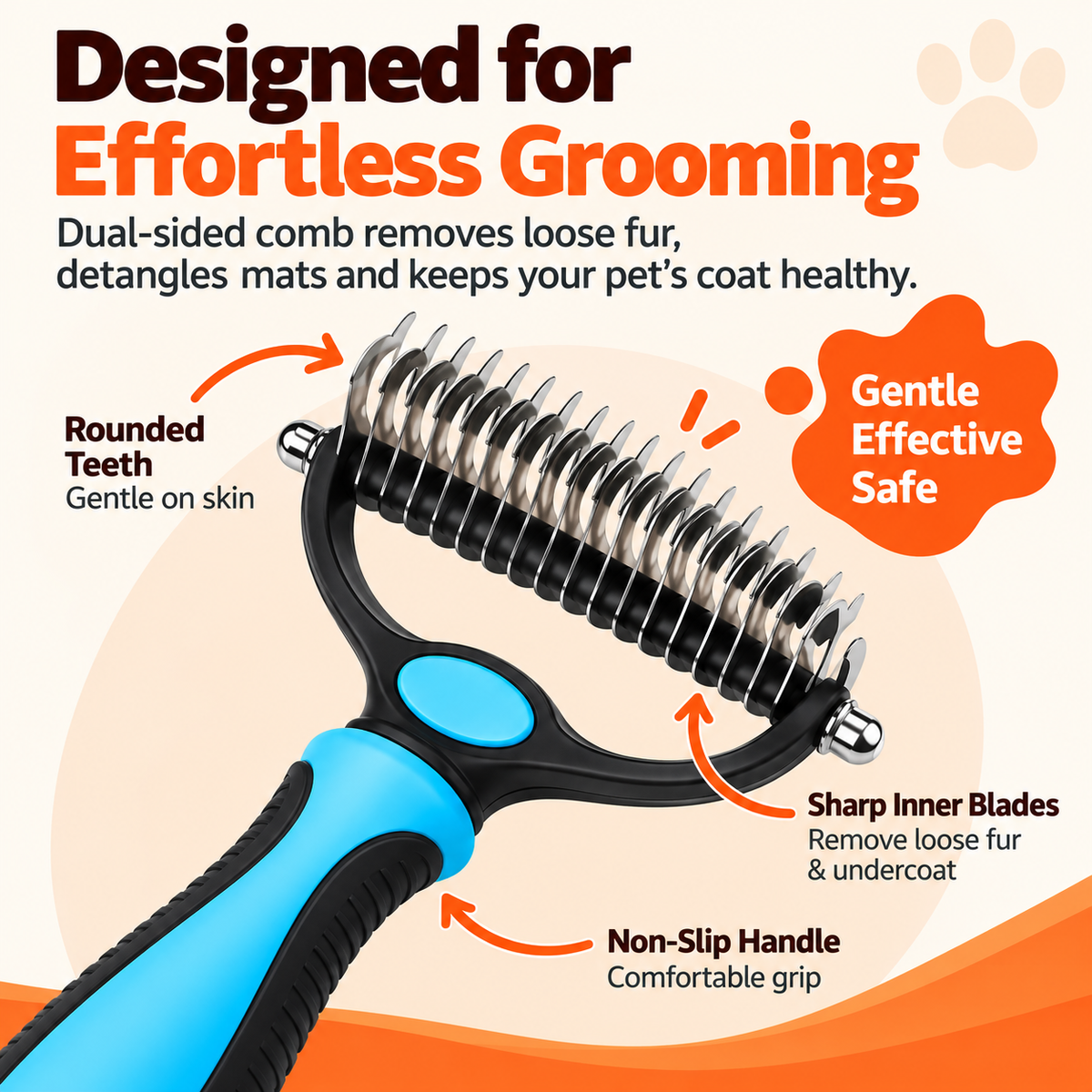 Labelled diagram of the comb showing rounded teeth, sharp inner blades and the non-slip handle