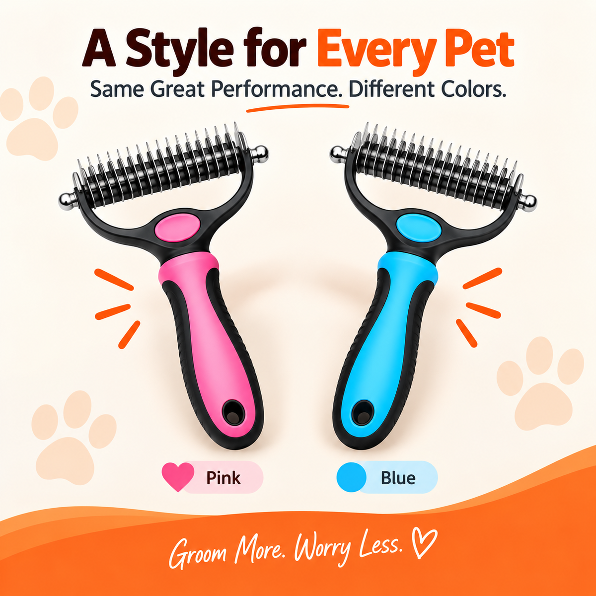 The dematting comb in its pink and blue colourways