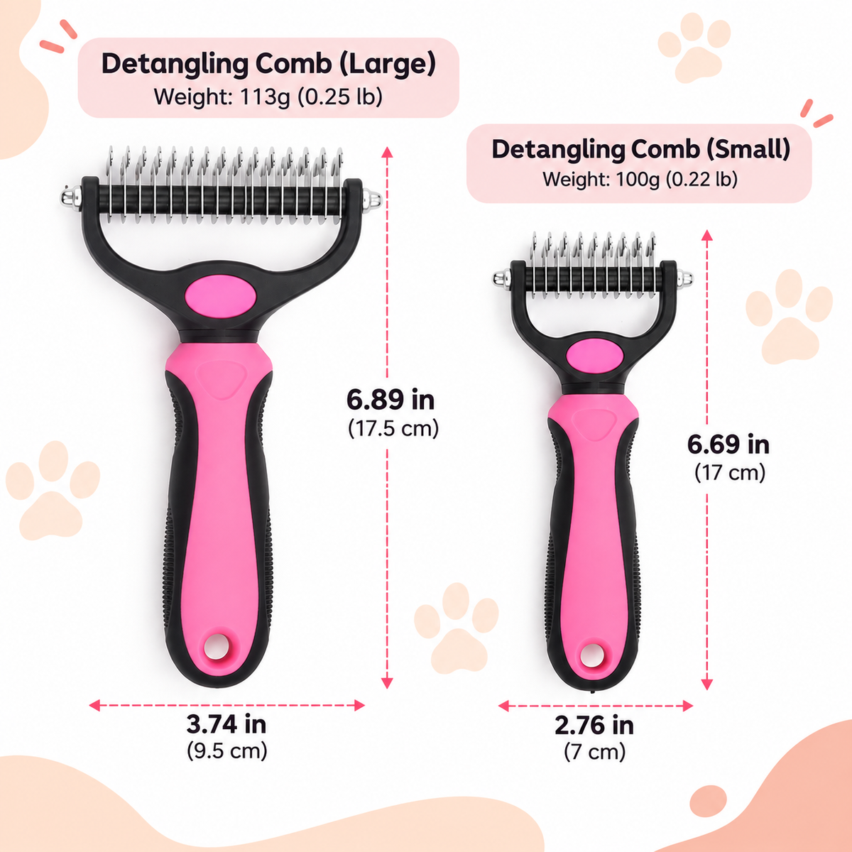 Large and small detangling combs side by side with their dimensions