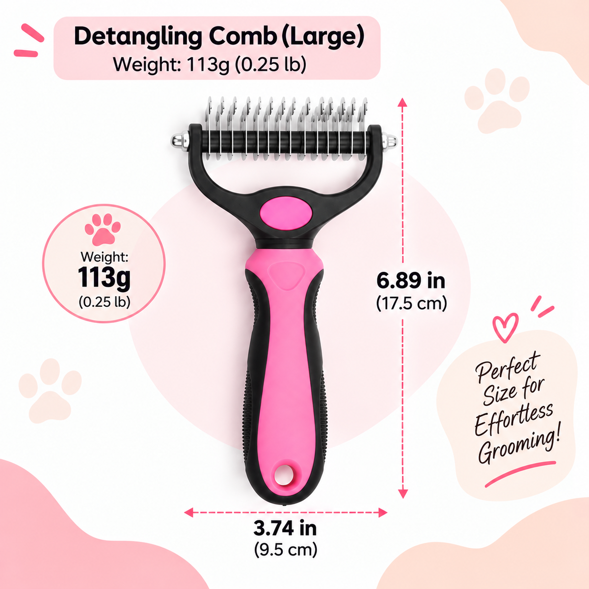 Large detangling comb with dimensions of 6.89 inches tall and 3.74 inches wide, weighing 113 grams