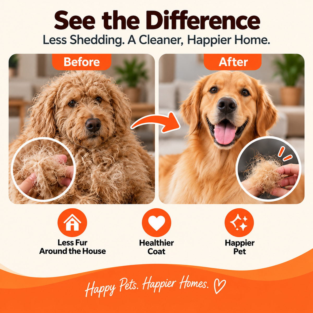 Before and after panel showing a matted coat and the same coat after grooming