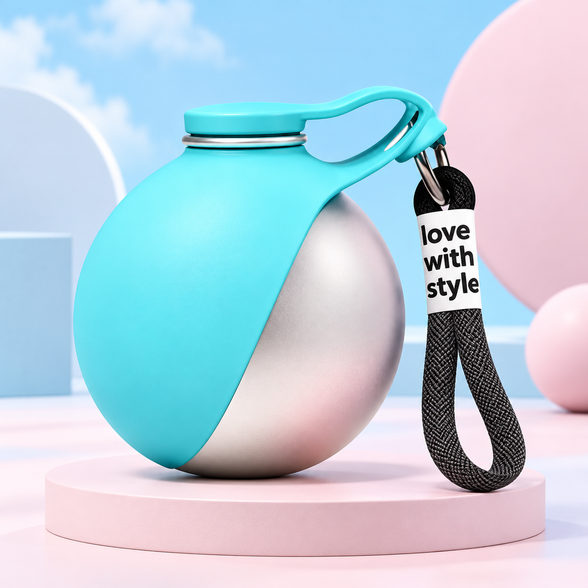 The teal bottle on a plinth, showing the moulded cover and the carry strap