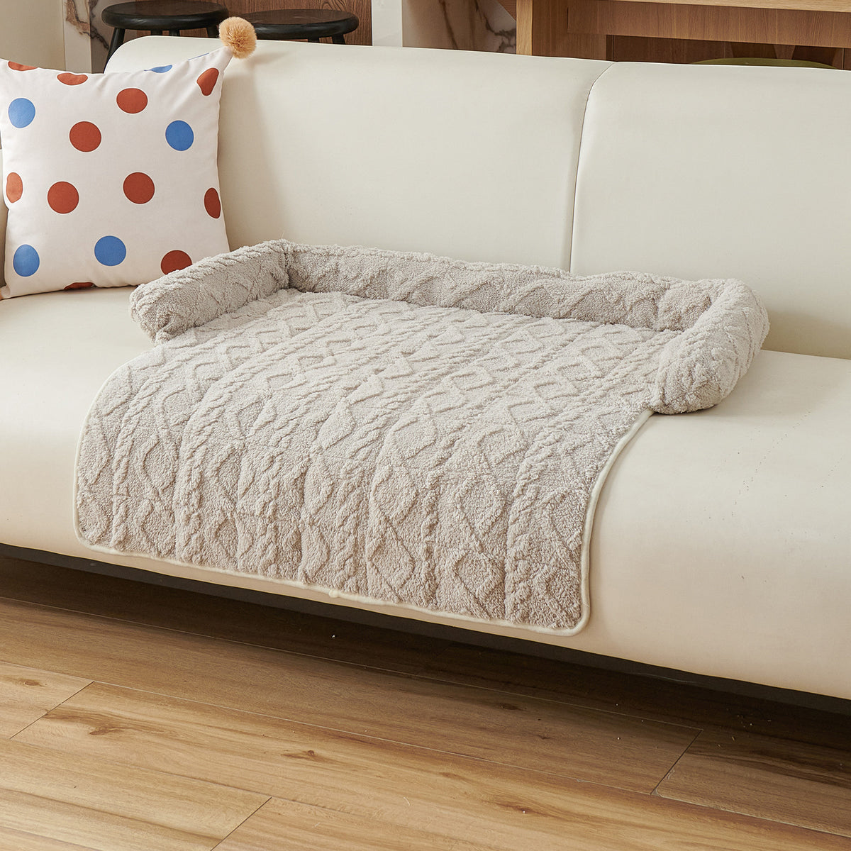 Plush Couch Pet Bed with Bolster — Twist Knit, Light Gray