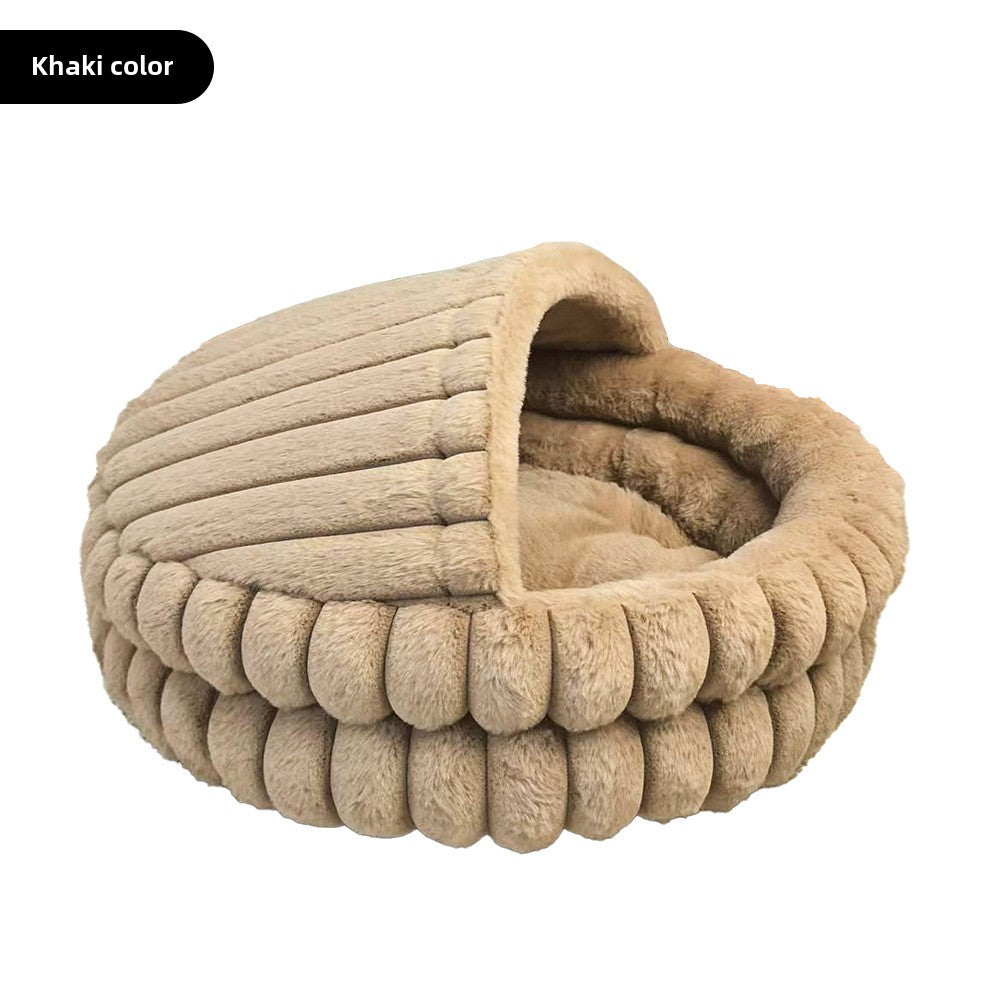 Hooded Plush Cat Cave Bed in Khaki