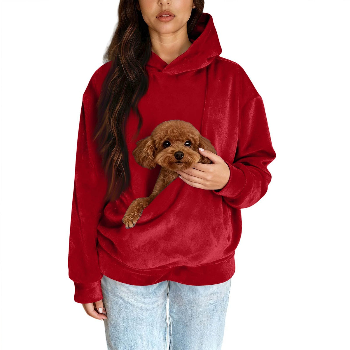 Men Women Pure Color Long Sleeve Hooded Sweatshirt with Pet Pocket in Red